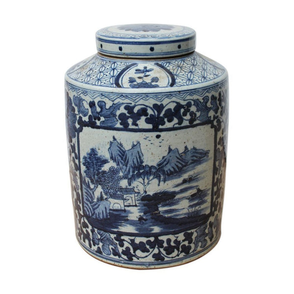 B&W Dynasty Tea Jar Floral Landscape Medallion