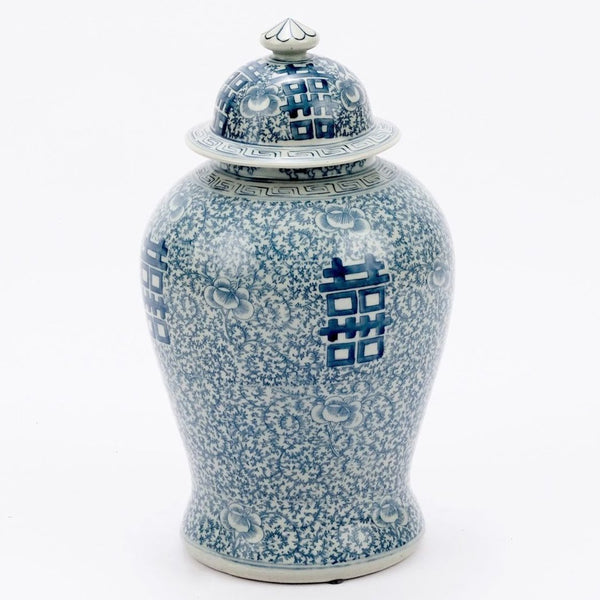 Blue & White Double Happiness Floral Temple Jar
