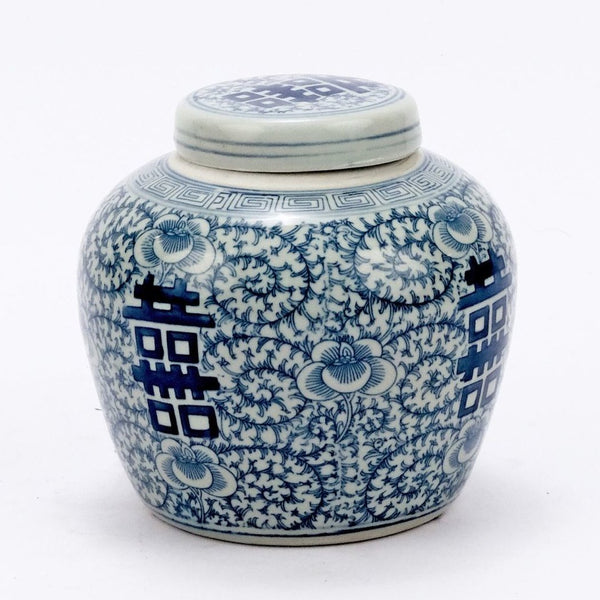 Blue & White Double Happiness Floral Lidded Jar
