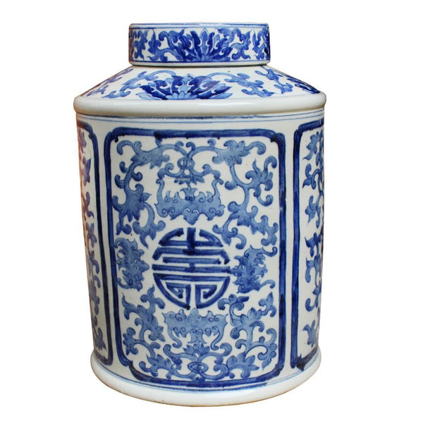 Blue & White Longevity Vine Round Medallion Tea Jar