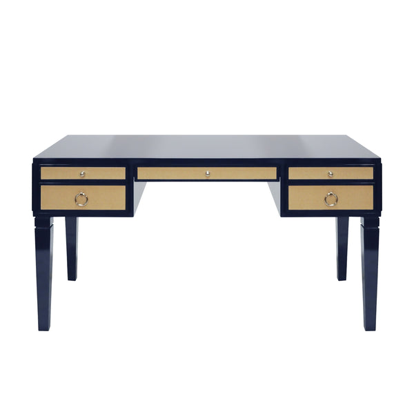 Worlds Away Heidi Desk - Navy Matte Lacquer w/ Grasscloth
